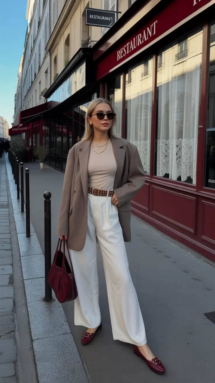 cozy early spring outfits 2026 Taupe Blazer And White Trousers For Dressy Early Spring