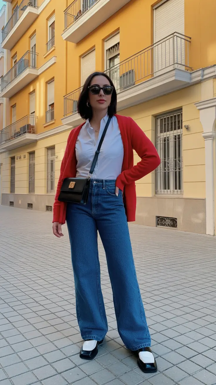 cozy early spring outfits 2026 Red Cardigan And Wide Jeans For Casual Street Styles
