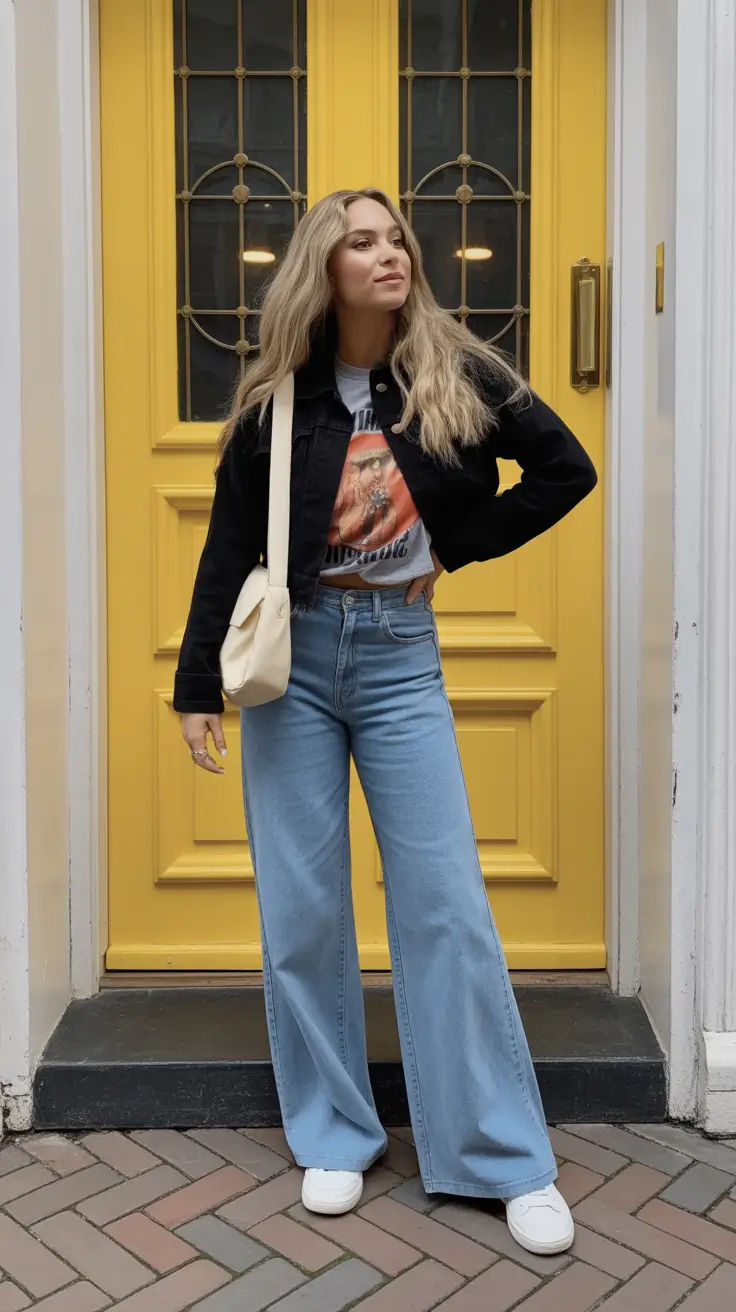 cozy early spring outfits 2026 Cropped Black Jacket And Graphic Tee For Cool-Girl Denim Days
