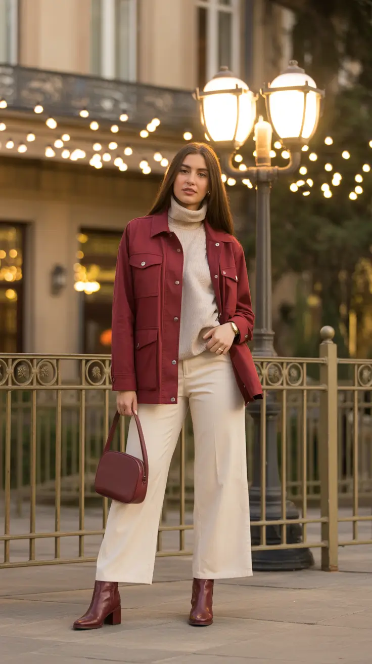 cozy early spring outfits 2026 + Wine Utility Jacket With Cream Tailored Pants