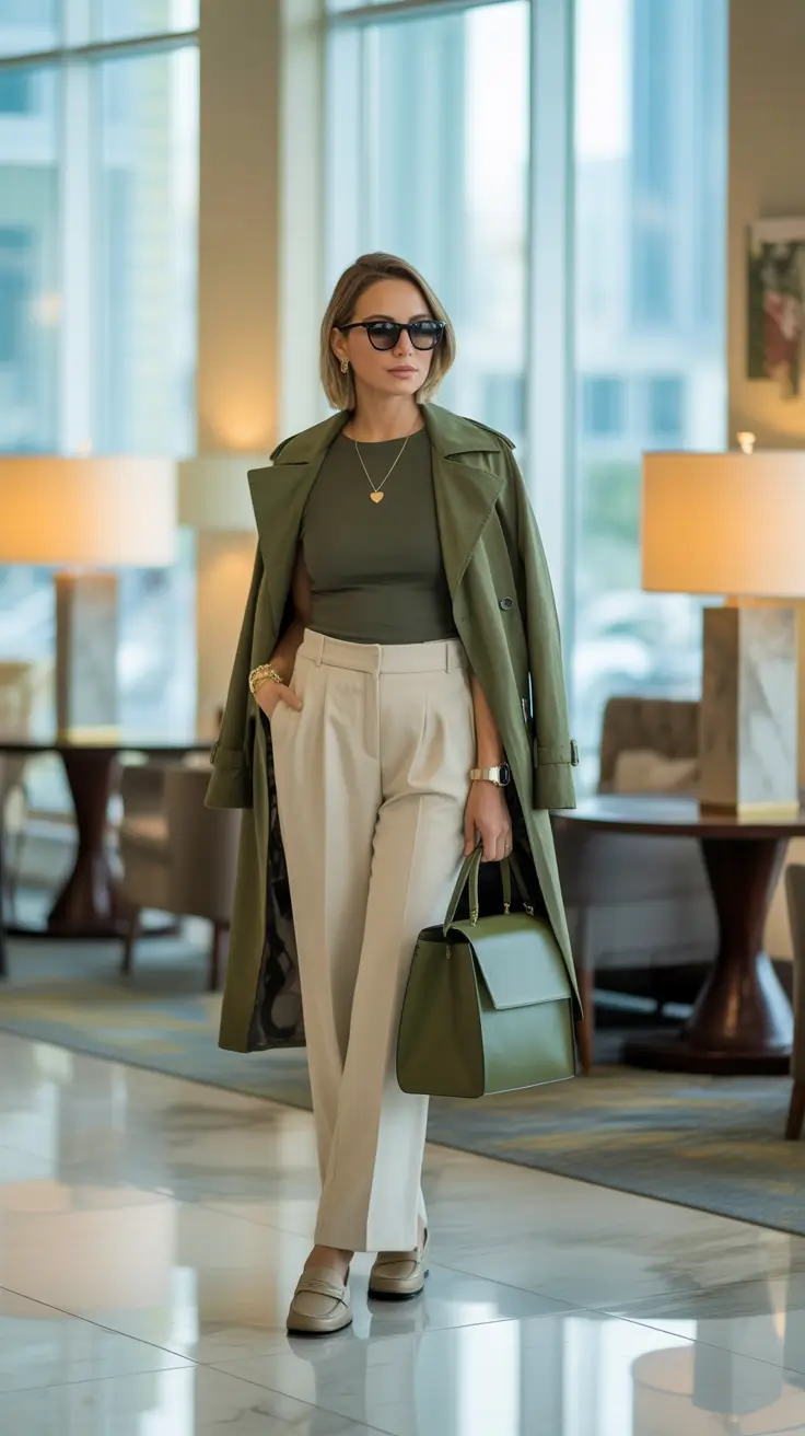 cozy early spring outfits 2026 + Olive Coat And Tailored Trousers For Workday Cool
