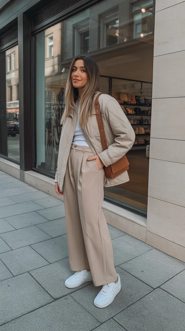 cozy early spring outfits 2026 + Beige Quilt Jacket With Wide-Leg Trousers And Sneakers