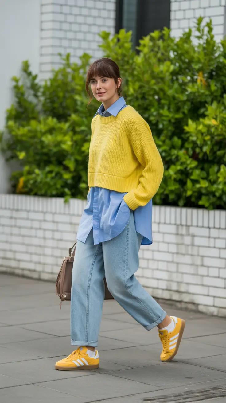 cozy early spring outfits 2026 Sunny Knit And Shirt Layering For Crisp Sidewalk Days