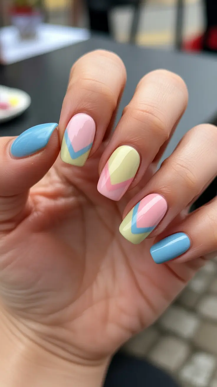 bright fun spring nails 2026 Chevron Pastel Mix With A Soft Spring Twist