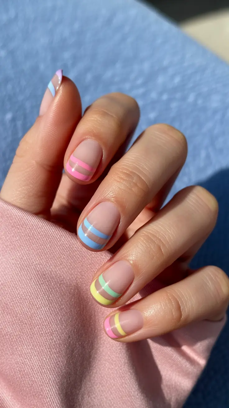 bright fun spring nails 2026 Minimalist Striped Pastels On Soft Nude Base