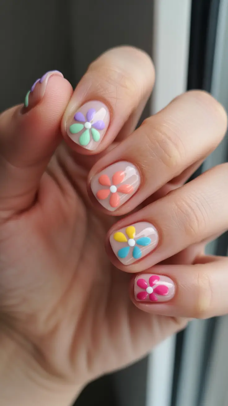 bright fun spring nails 2026 Bold Pastel Blossoms With 3D Petal Accents