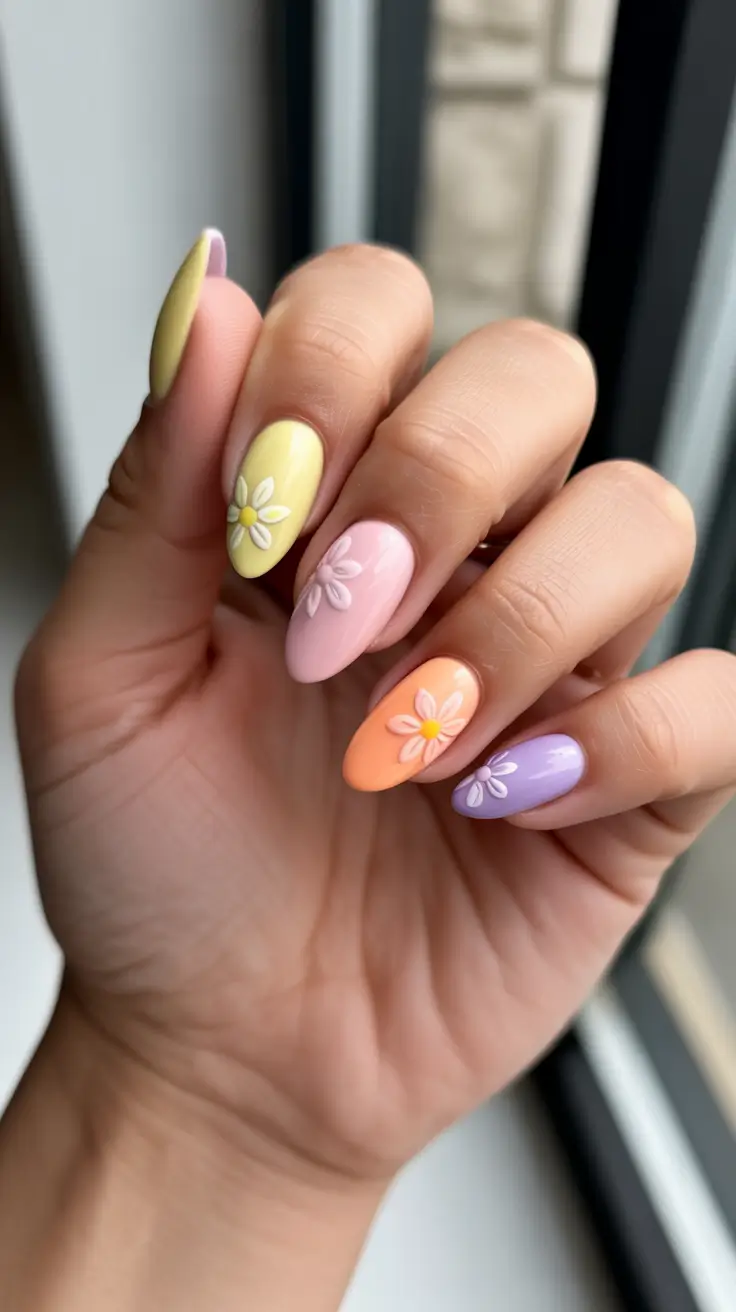 bright fun spring nails 2026 Soft Almond Petals On Pastel Skies
