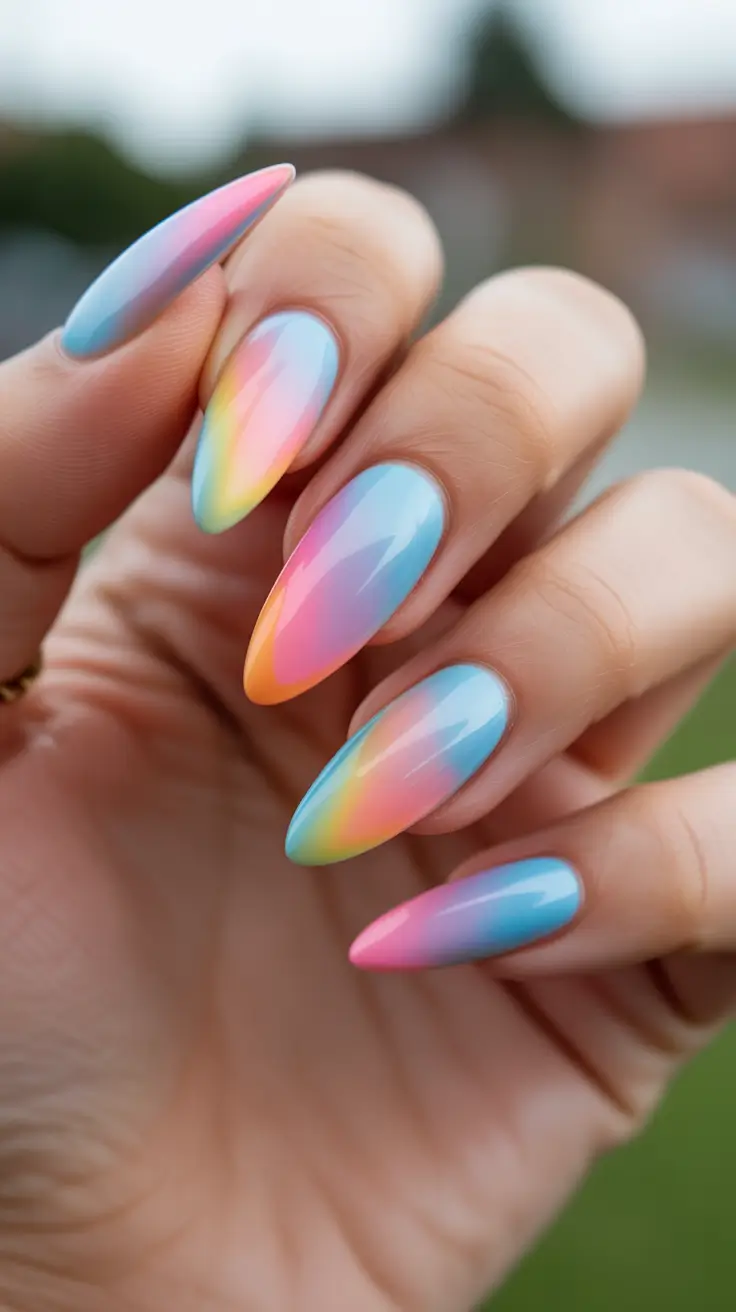 bright fun spring nails 2026 Sunset Ombre Glow On Almond Tips
