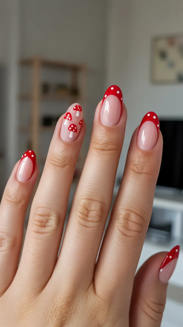 bright fun spring nails 2026 Red Mushroom French Tips With Woodland Whimsy