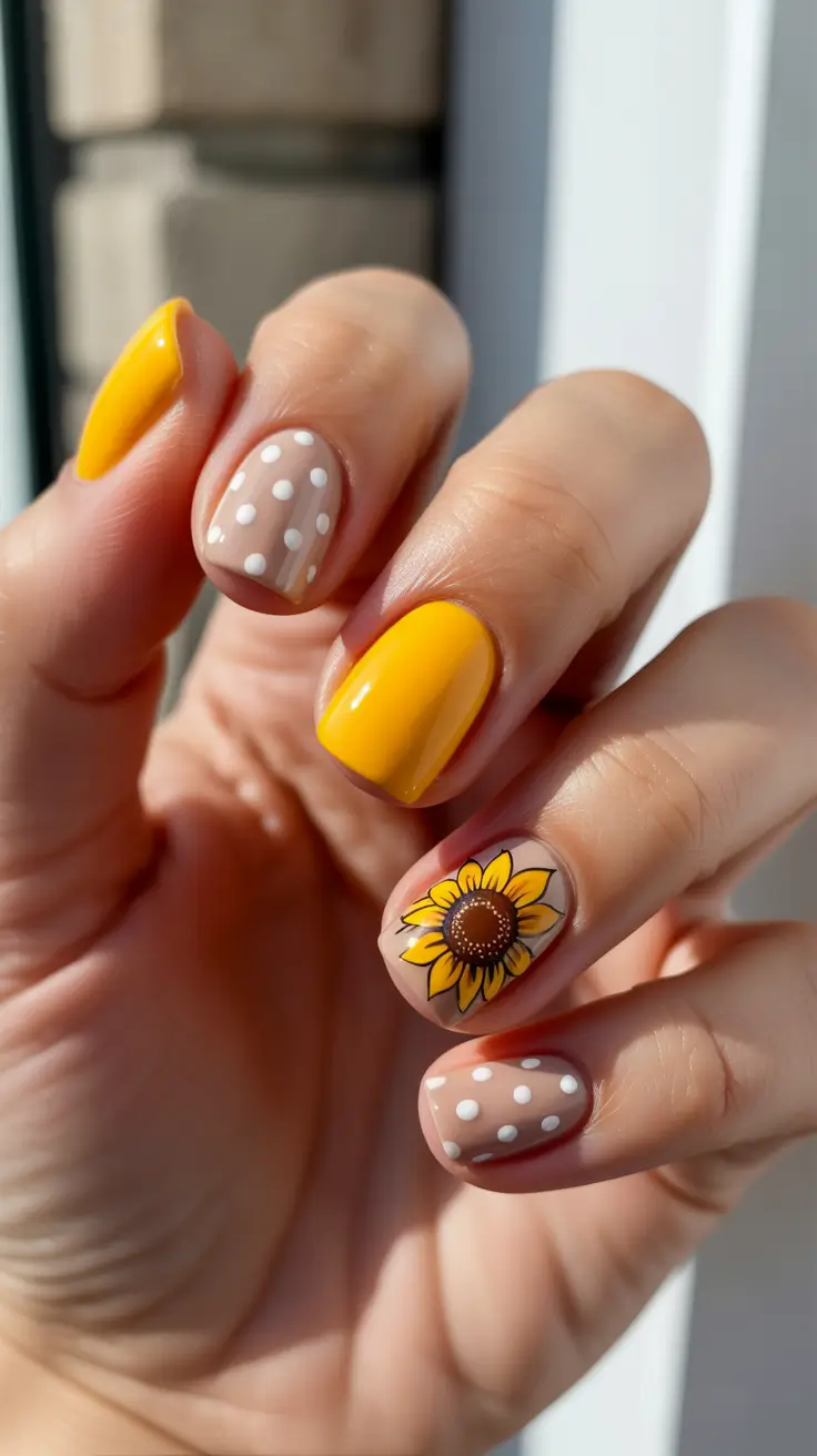 bright fun spring nails 2026 Sunflower Glow With Polka-Dot Neutrals