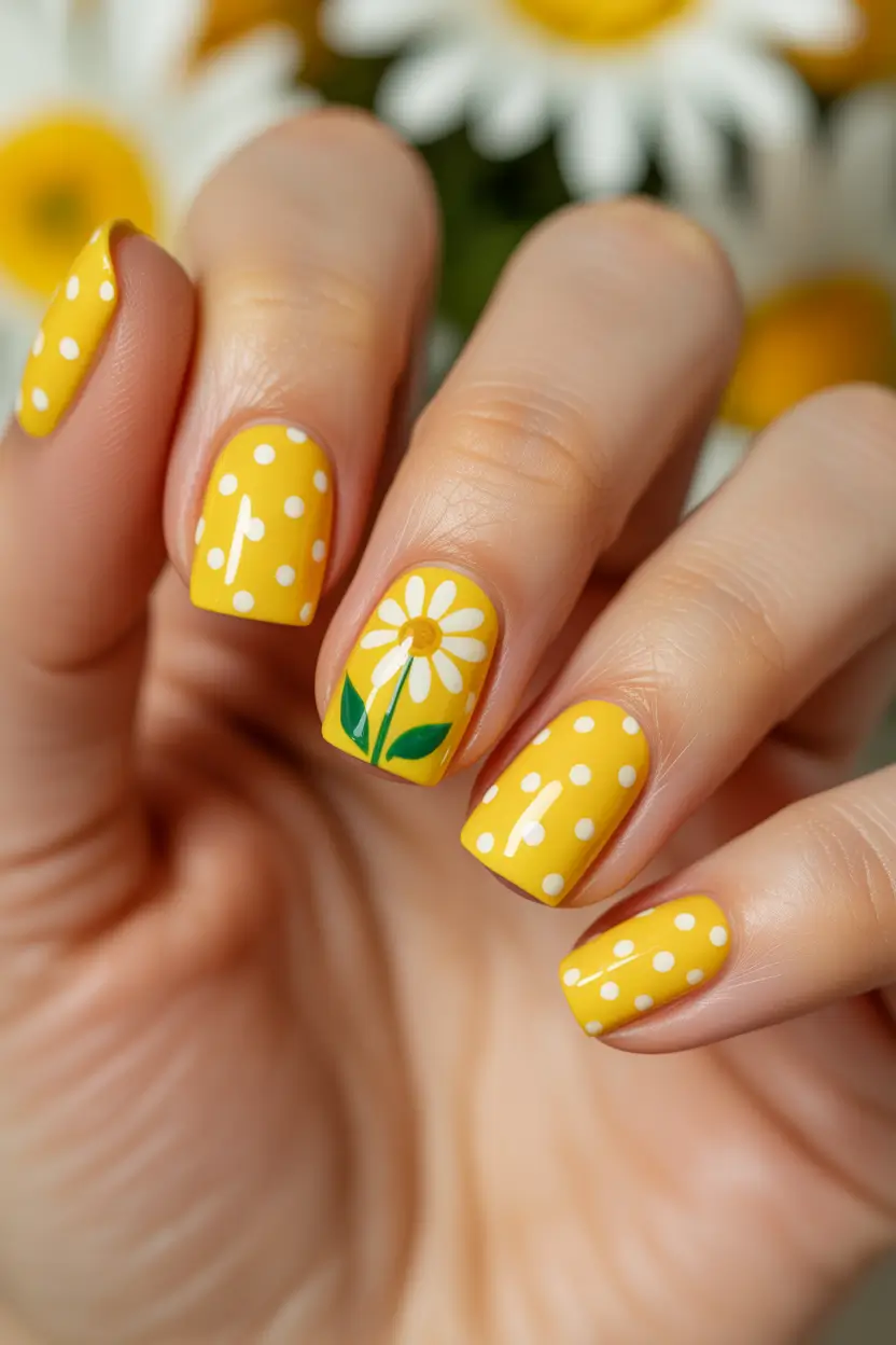 bright fun spring nails 2026 Bold Daisy Pop On Sunshine Yellow