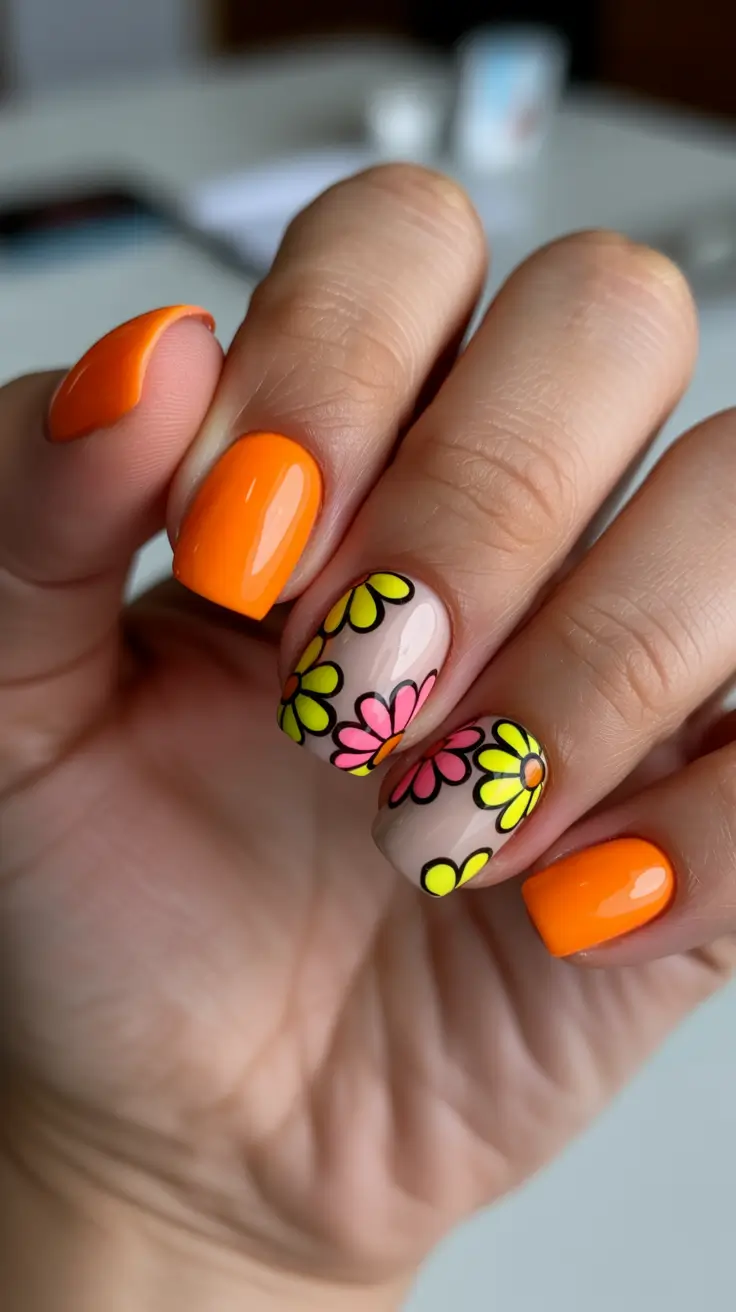 bright fun spring nails 2026 Neon Bloom Pop-Art Flowers