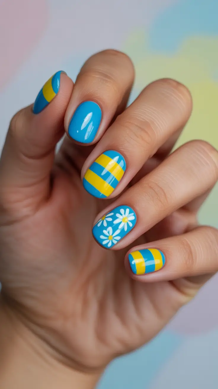 bright fun spring nails 2026 Blue And Yellow Cheer With Floral Accents