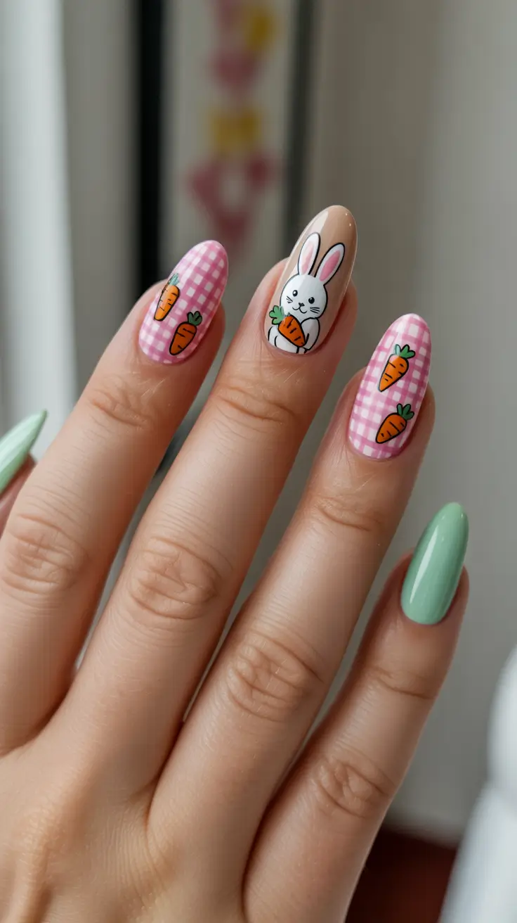 bright fun spring nails 2026 playful bunny and carrot spring charm