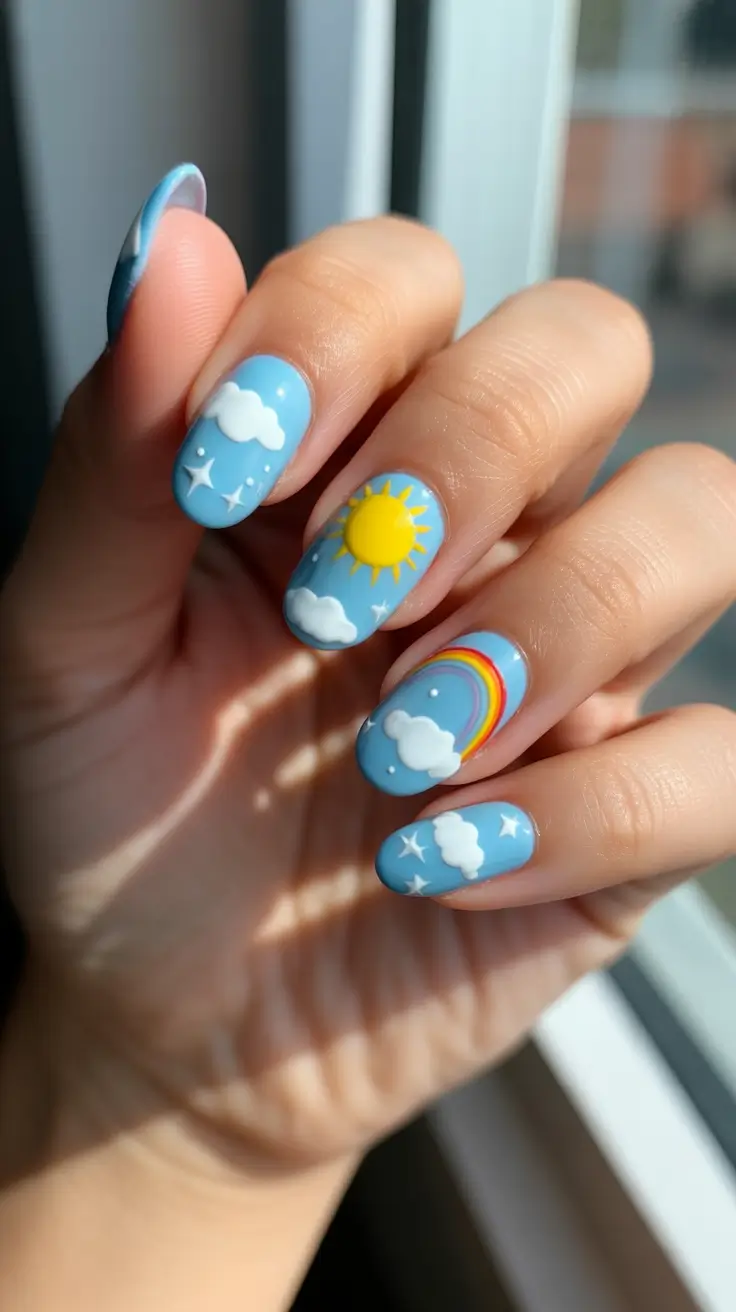 bright fun spring nails 2026 blue sky day with clouds and rainbows
