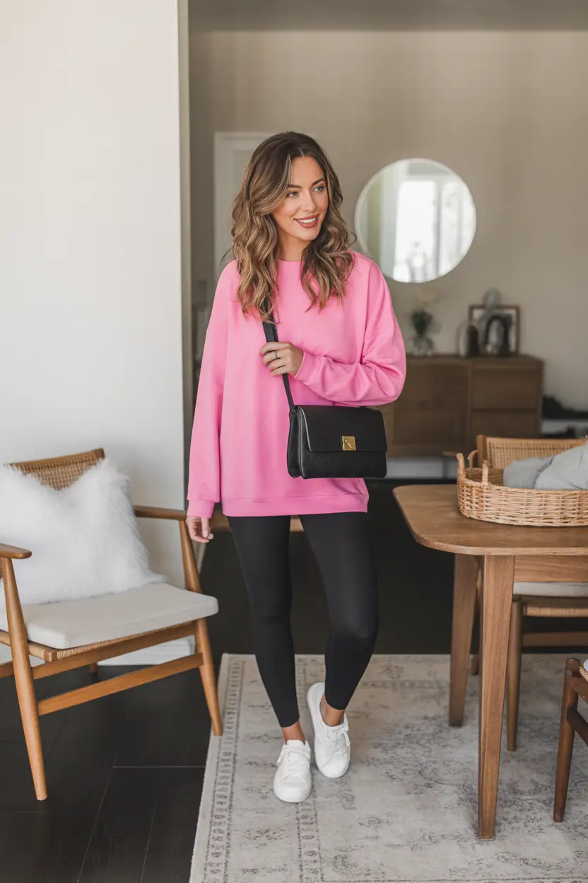 cozy leggings outfit spring 2026 Bold Pink Sweatshirt With Sleek Black Leggings