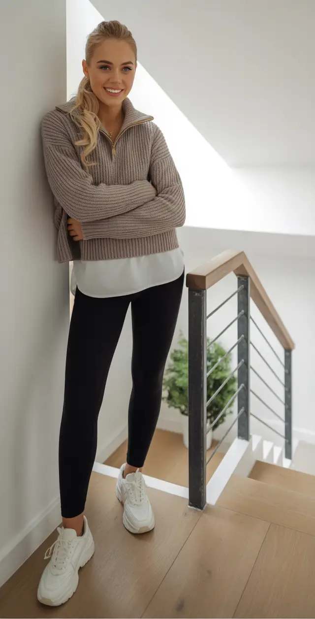 cozy leggings outfit spring 2026 Neutral Knit Quarter-Zip With Classic Black Leggings