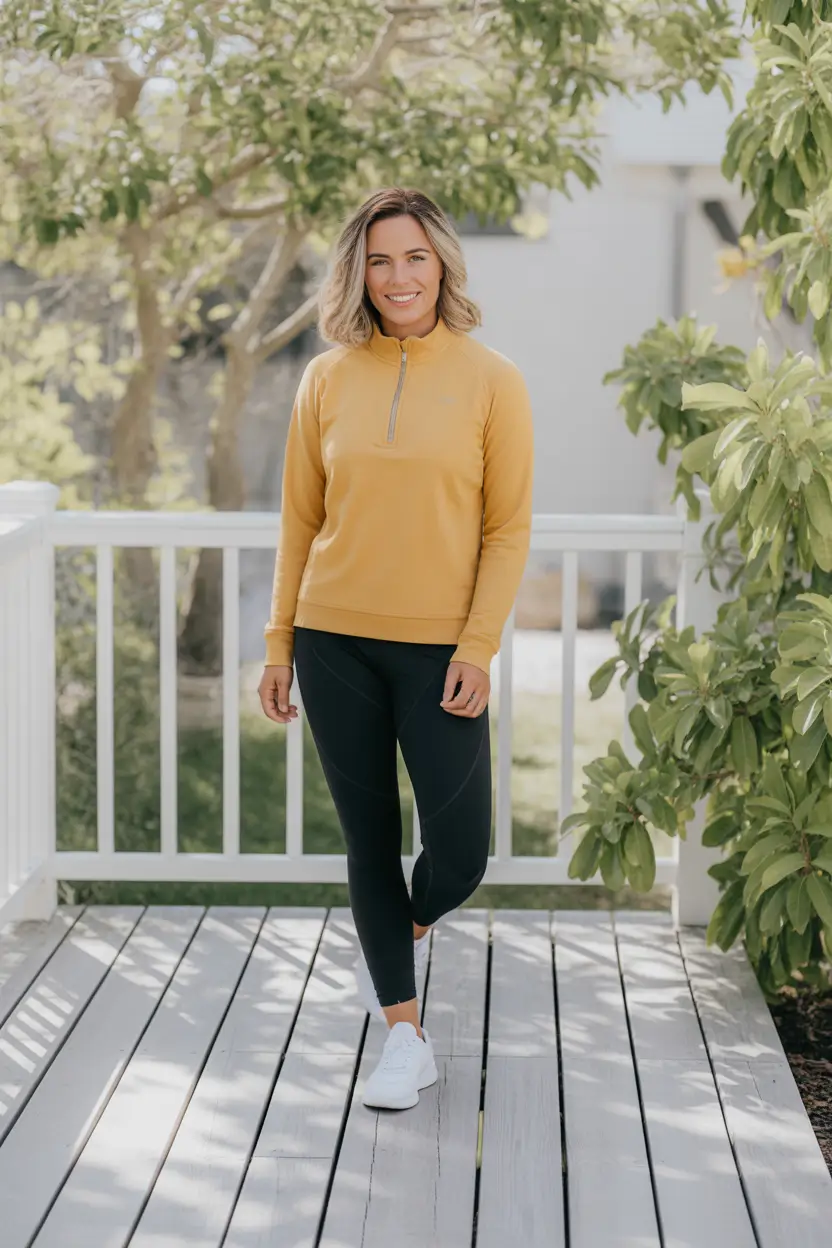 cozy leggings outfit spring 2026 Golden Zip Pullover With Sporty Dark Leggings