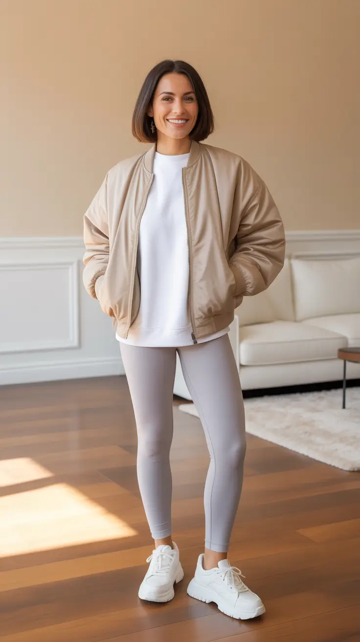 cozy leggings outfit spring 2026 Beige Bomber With Soft Grey Leggings