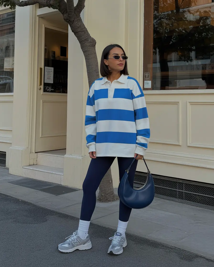 cozy leggings outfit spring 2026 Striped Layers With A Sporty Urban Twist