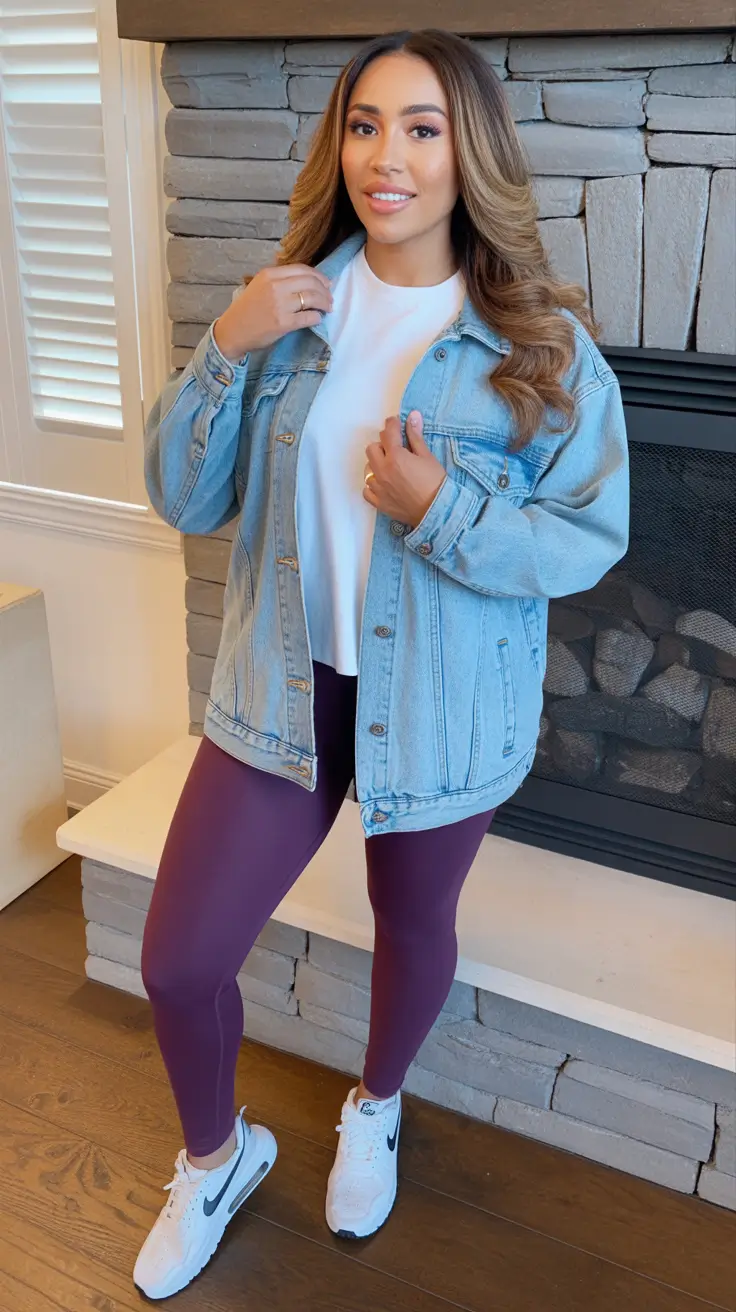 cozy leggings outfit spring 2026 Layered Denim And Deep Berry Leggings