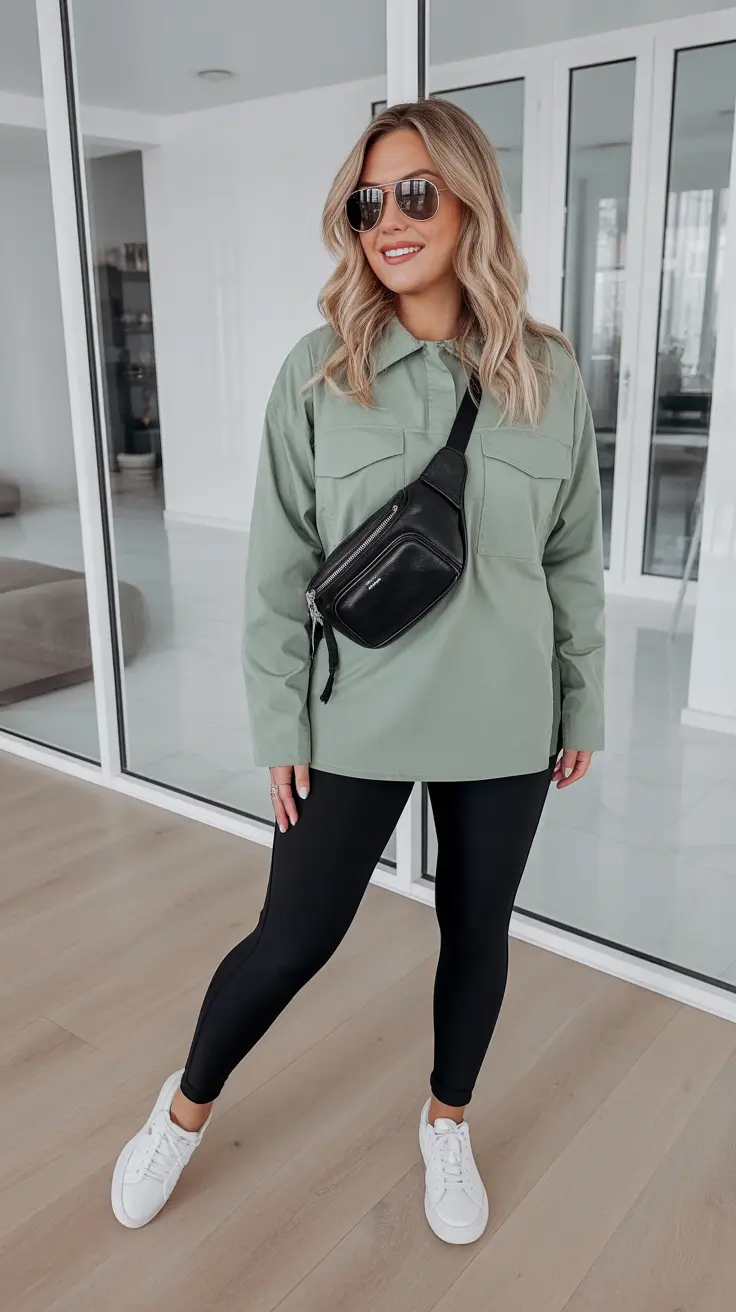 cozy leggings outfit spring 2026 Minimalist Sage Shirt With Sleek Black Leggings