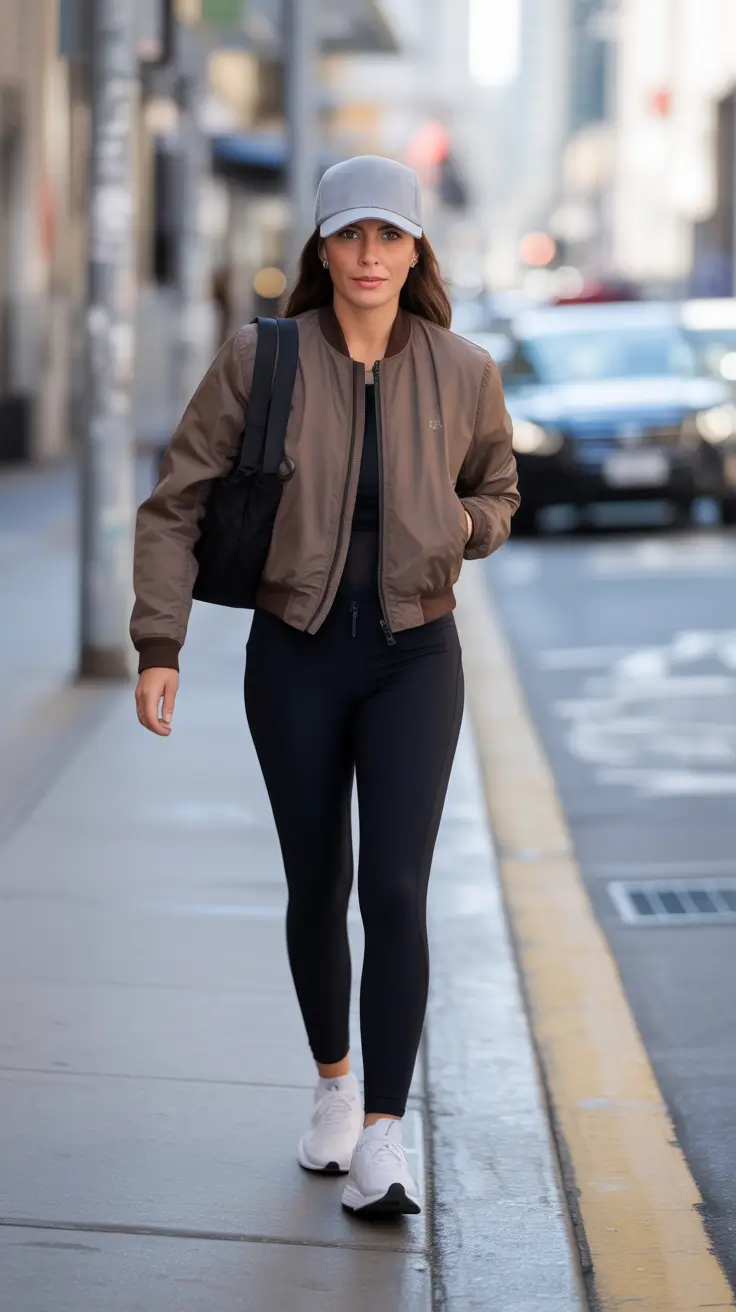 cozy leggings outfit spring 2026 Sporty Street Style With A Bomber Jacket