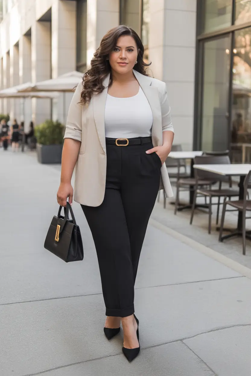 sophisticated plus size spring outfits 2026 Classic-Beige-Blazer-With-Black-Trousers