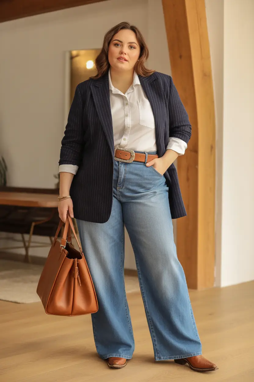 sophisticated plus size spring outfits 2026 Pinstripe Blazer And Denim For Relaxed Spring Confidence