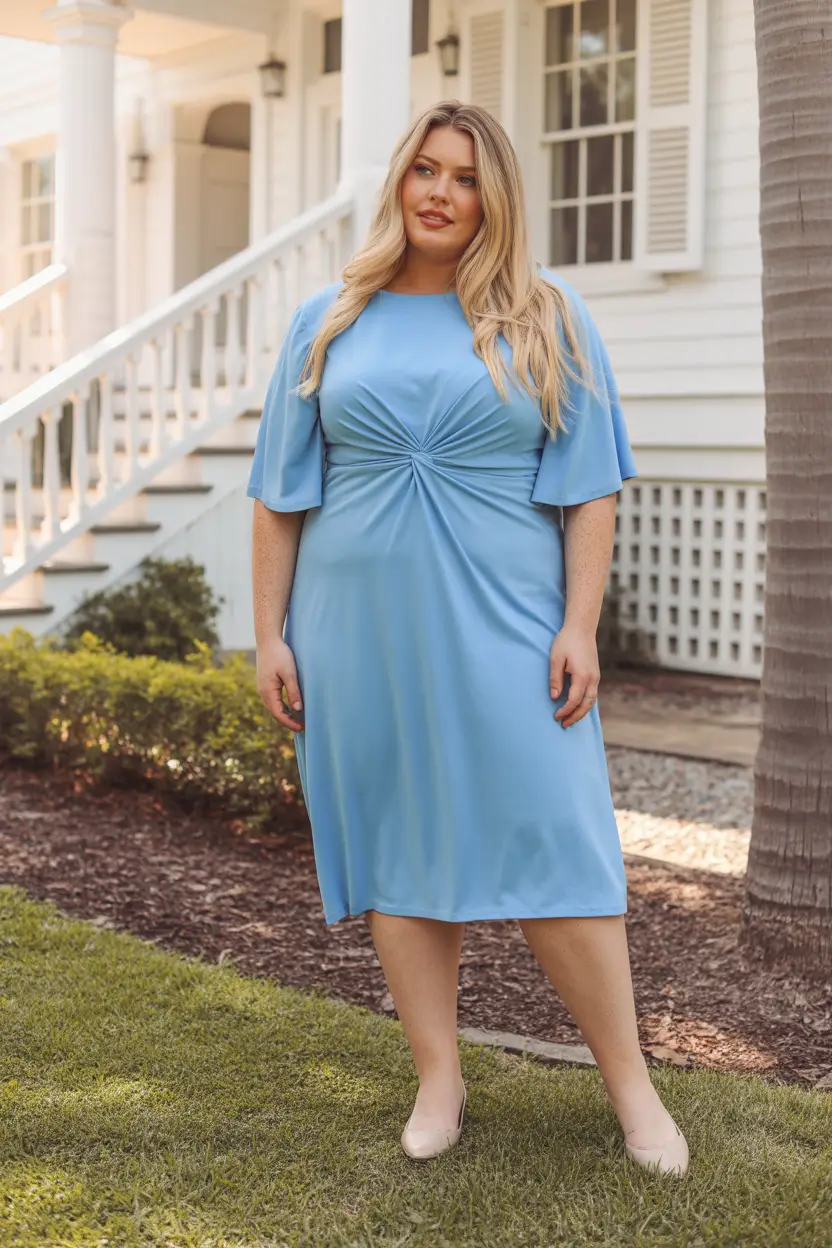 sophisticated plus size spring outfits 2026 Powder Blue Twist-Front Dress For Effortless Spring Elegance