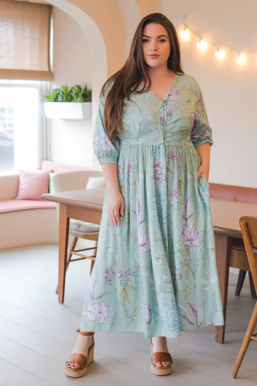 sophisticated plus size spring outfits 2026 Mint Floral Maxi For Romantic Spring Days