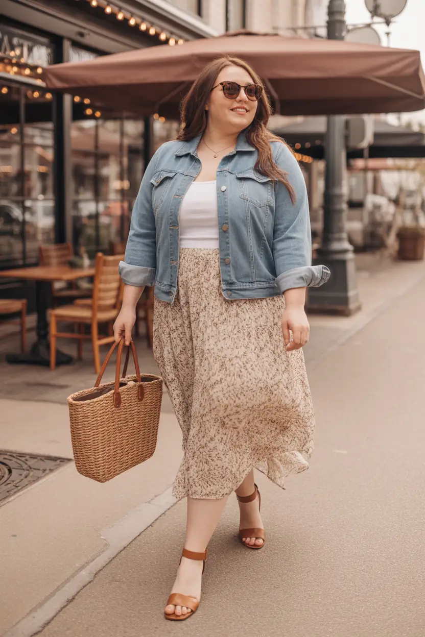 sophisticated plus size spring outfits 2026 Denim Jacket And Floral Skirt For Easy Weekend Outings