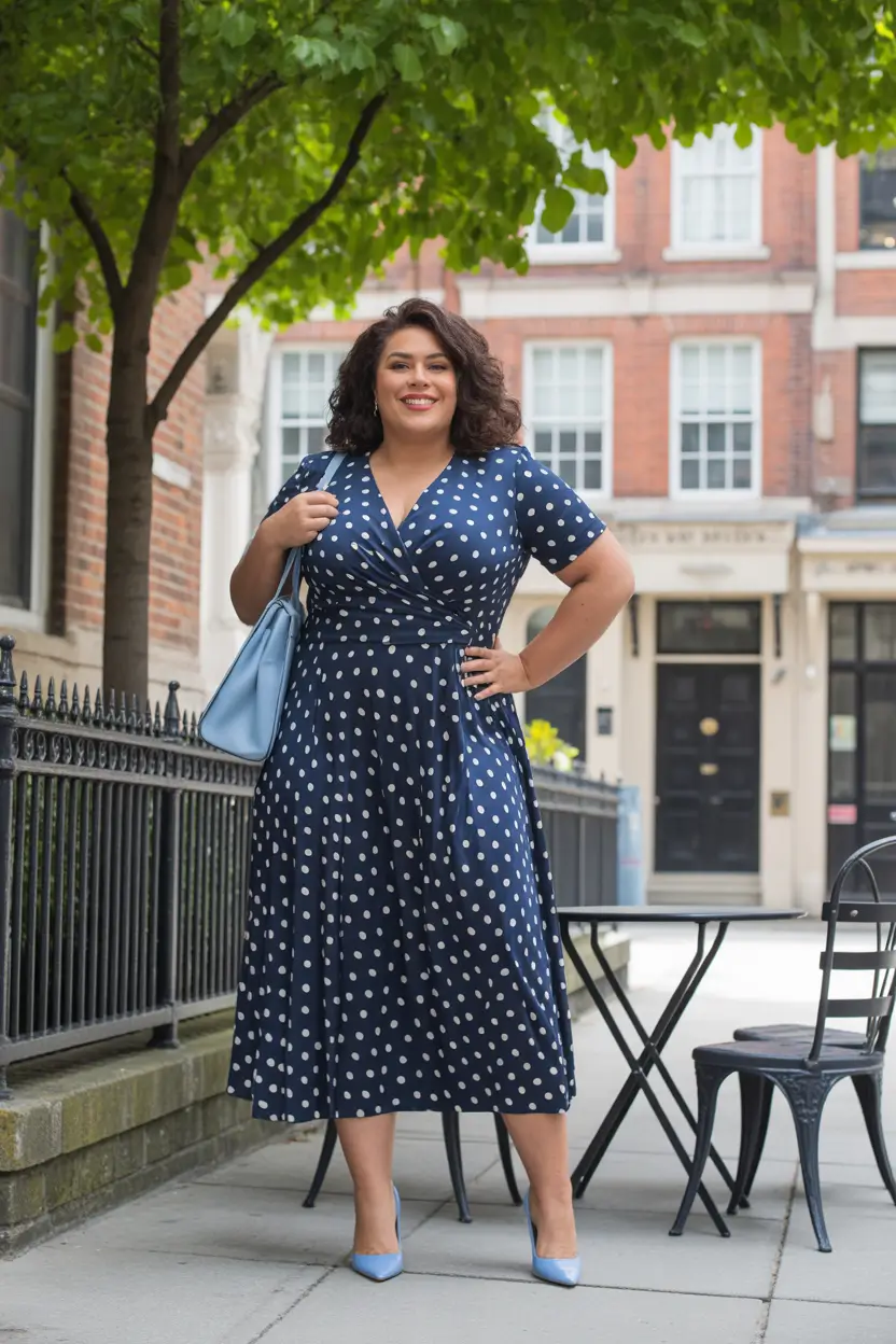 sophisticated plus size spring outfits 2026 Navy-Polka-Dot-Wrap-Dress-With-Spring-Confidence
