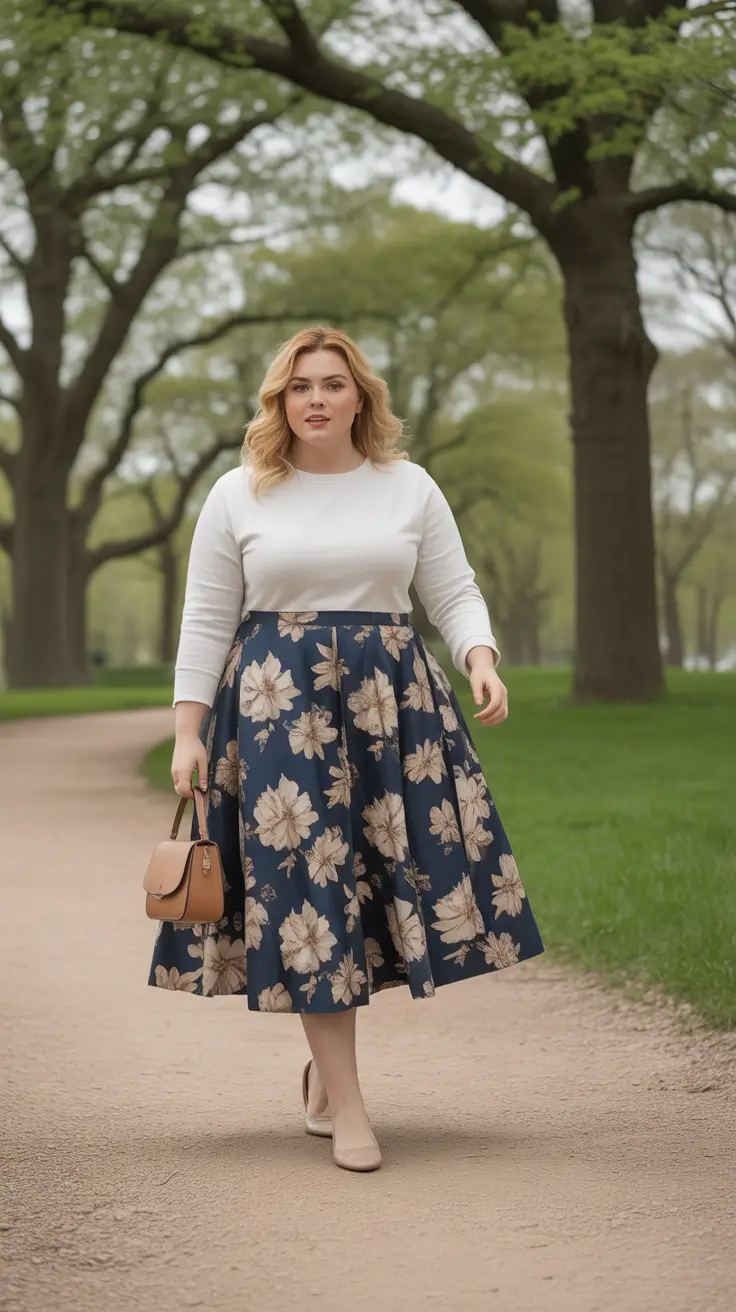 sophisticated plus size spring outfits 2026 Cream-Knit-And-Floral-Midi-Skirt-For-Classic-Spring-Charm