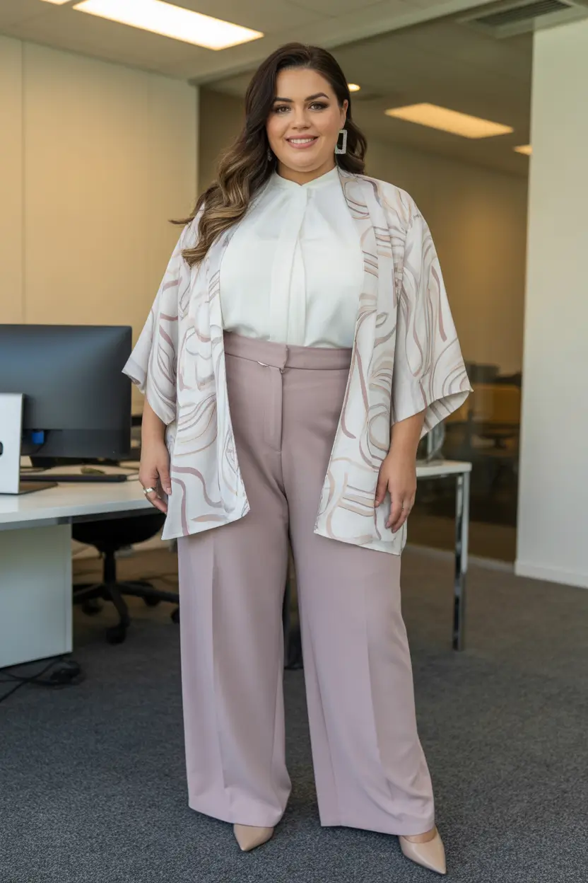sophisticated plus size spring outfits 2026 Soft Neutrals With A Flowing Layer For Office Ease