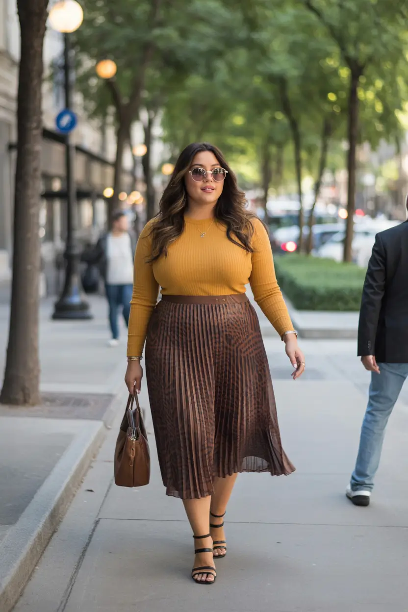 sophisticated plus size spring outfits 2026 Mustard-Top-And-Brown-Pleated-Skirt-With-Urban-Ease