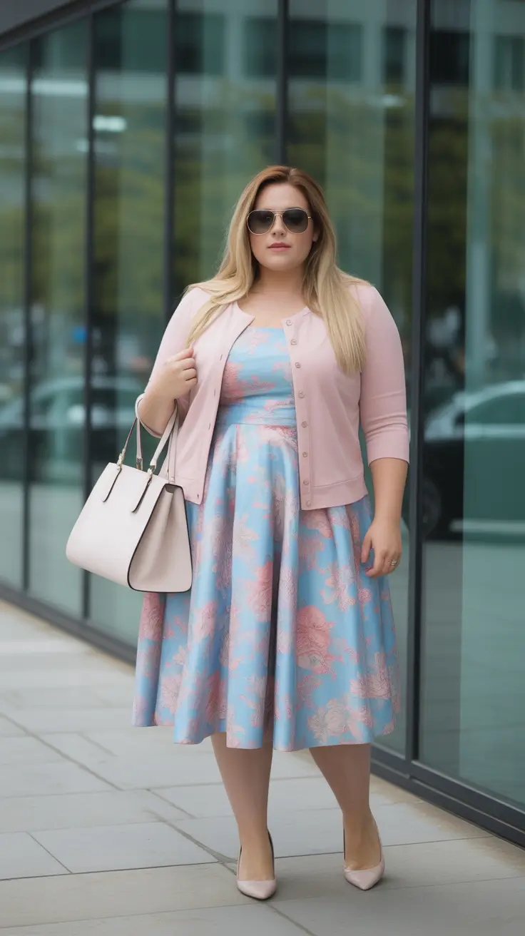 sophisticated plus size spring outfits 2026 Pastel-Blue-Dress-And-Pink-Cardigan-With-Soft-Feminine-Energy