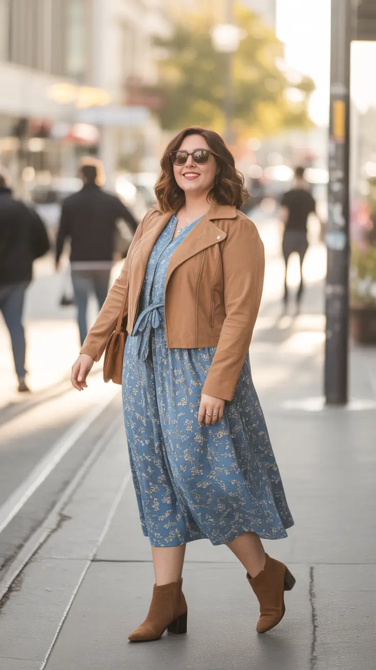 sophisticated plus size spring outfits 2026 Blue-Floral-Dress-With-Tan-Jacket-For-Everyday-Spring-Style