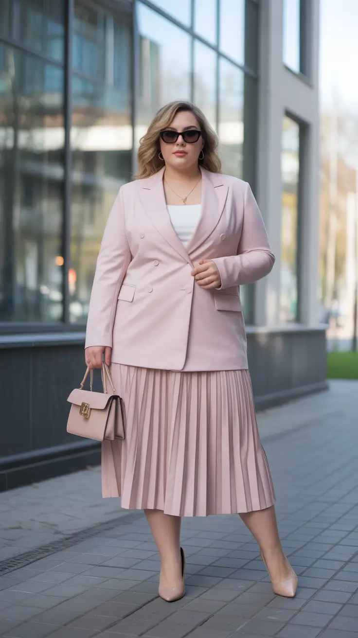 sophisticated plus size spring outfits 2026 Monochrome Blush Power Look With Pleats