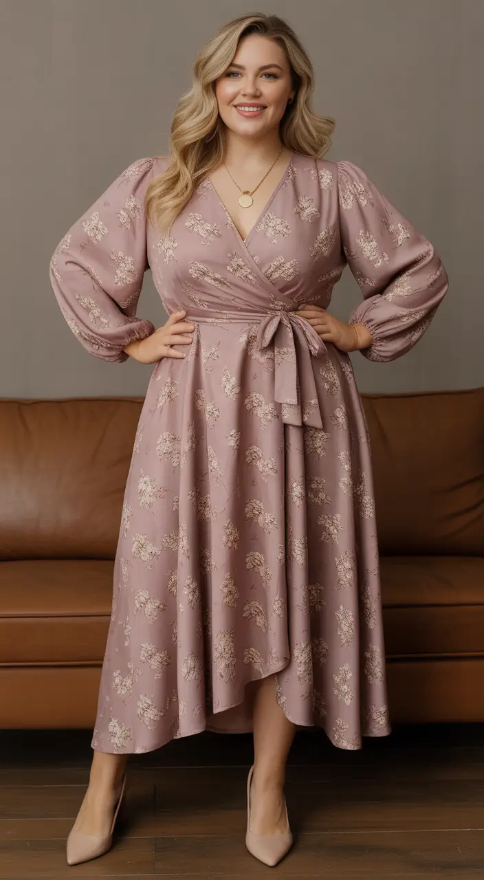 sophisticated plus size spring outfits 2026 Soft-Rose-Wrap-Dress-With-Subtle-Shine