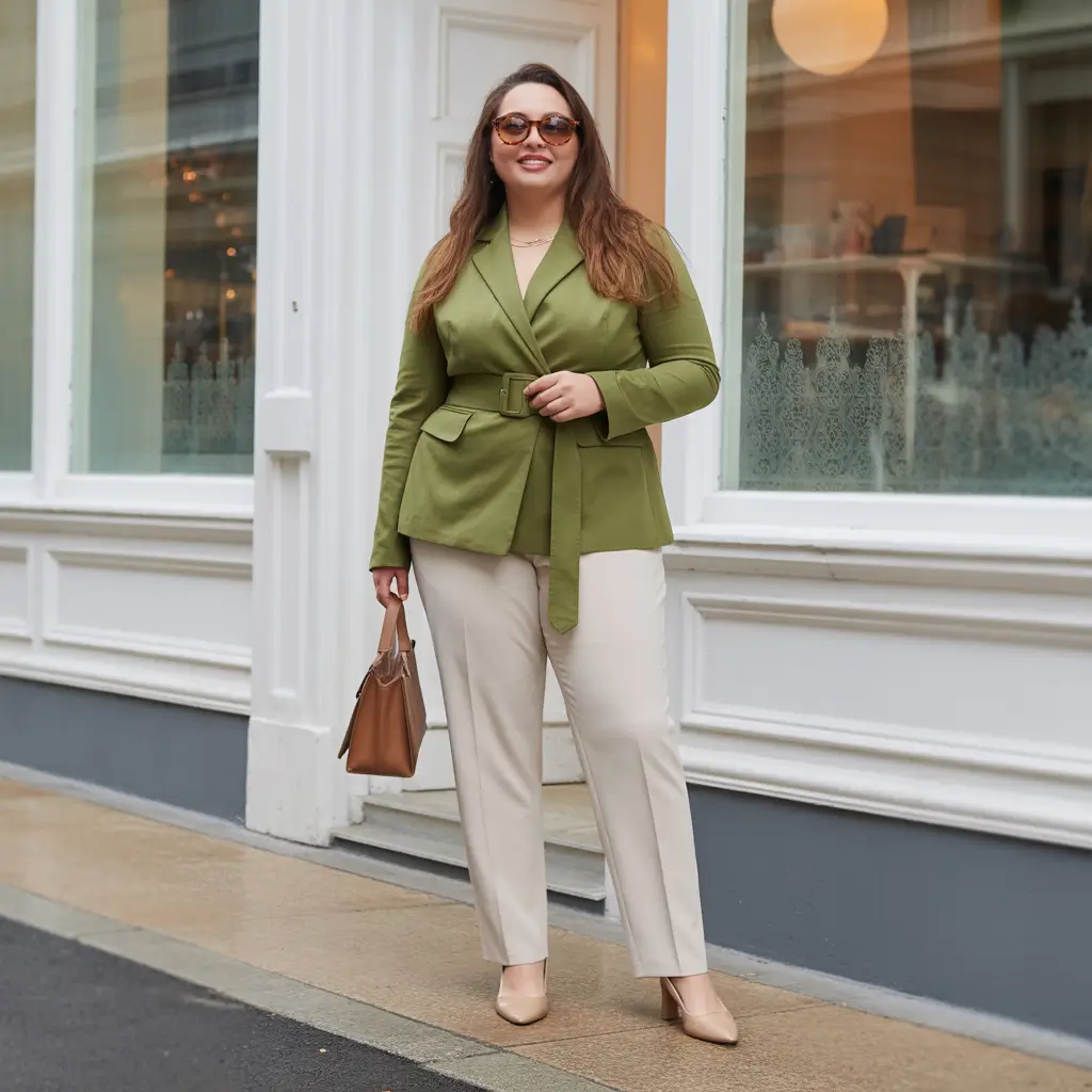 sophisticated plus size spring outfits 2026 Fresh-Green-Belted-Blazer-With-Cream-Pants