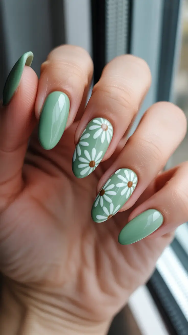 spring almond nails 2026 Soft Green Daisy Calm