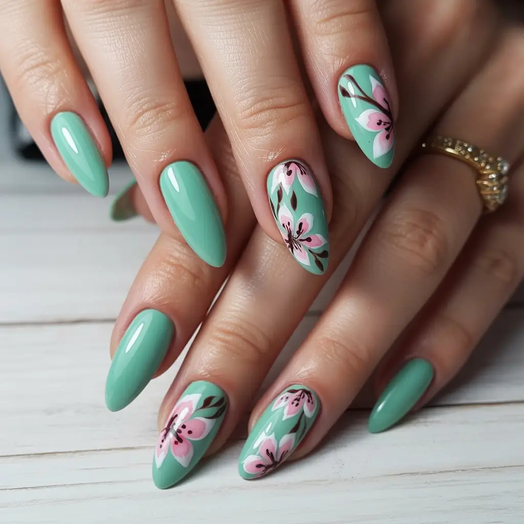 spring almond nails 2026 Mint Petal Symphony