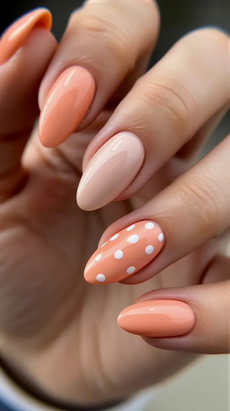 spring almond nails 2026 Peach Polka Sunrise