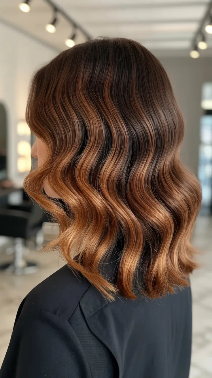 beautiful spring balayage hair color ideas 2026 + Copper Caramel Balayage Waves With A Soft Brunette Root