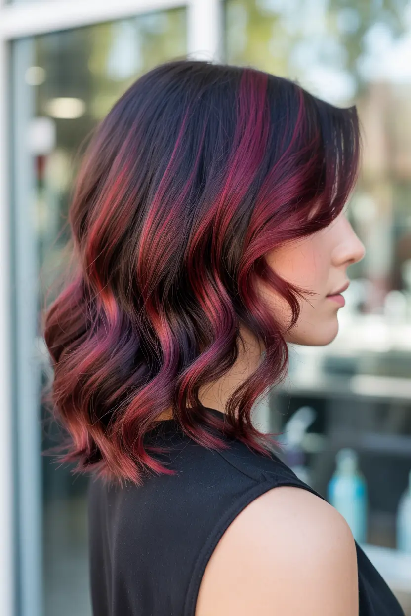 beautiful spring balayage hair color ideas 2026 + Cherry Merlot Balayage On A Wavy Bob