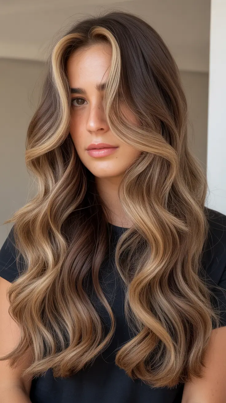 beautiful spring balayage hair color ideas 2026 + Brunette Balayage With Bold Blonde Money Piece