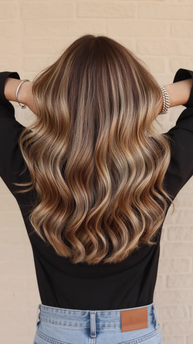 beautiful spring balayage hair color ideas 2026 + Caramel Ribbon Balayage With A Glossy Root Shadow