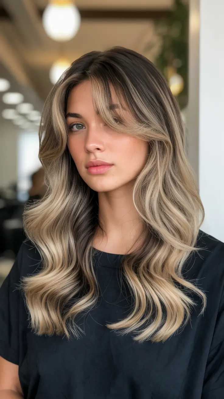 beautiful spring balayage hair color ideas 2026 + Cool Ash Blonde Balayage With Curtain Bang Energy
