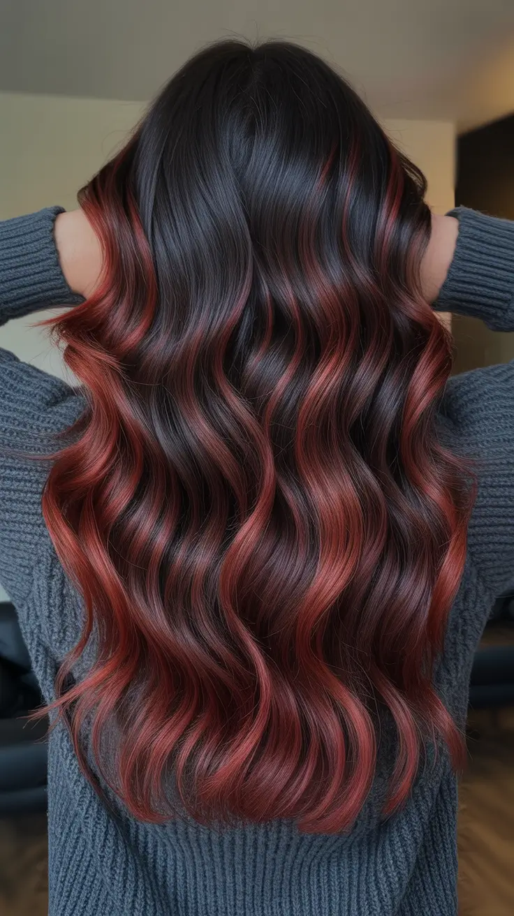 beautiful spring balayage hair color ideas 2026 + Black Cherry Balayage On Deep Waves